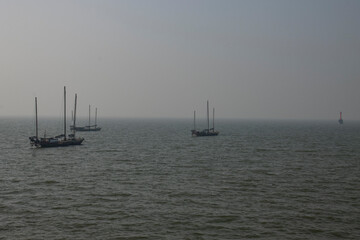 Fototapeta premium Lakes, fishing boats, sailboats, fishing, scenery, scenery, background, illustrations