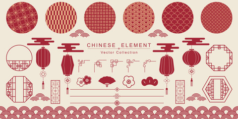 Chinese elements. Asian new year gold decorative patterns and lanterns , clouds and ornaments traditional oriental style vector set. Asian chinese oriental elements to holiday illustration 