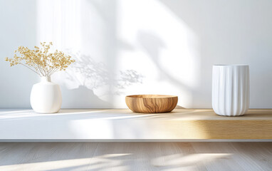 Fototapeta premium Beautiful interior display featuring vases and a wooden bowl in natural light