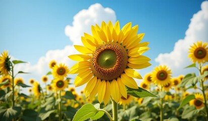 Fototapeta premium A close-up of a sunflower in a lush field under a vibrant blue sky with fluffy white clouds, radiating warmth and summer beauty.