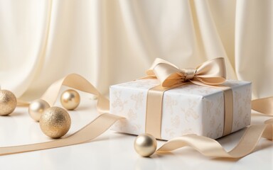 Beige Gift Box with Gold Ornaments and Ribbon