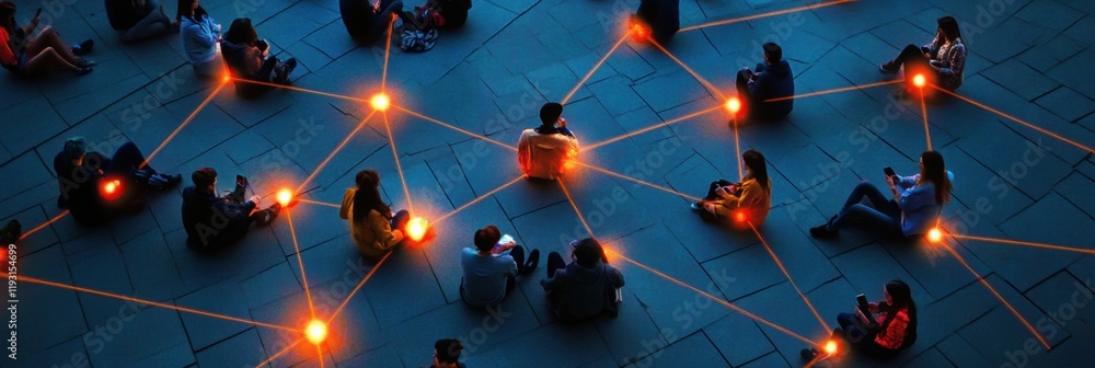 Leinwandbilder connected individuals illuminated by phones create a digital network in a nighttime gathering. gener