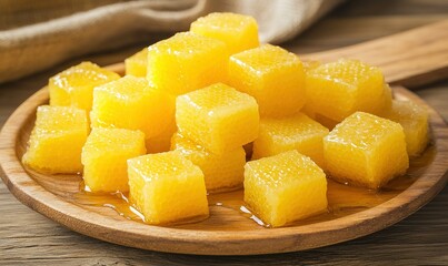 Honeycomb cubes stacked on wooden plate, rustic background, food photography
