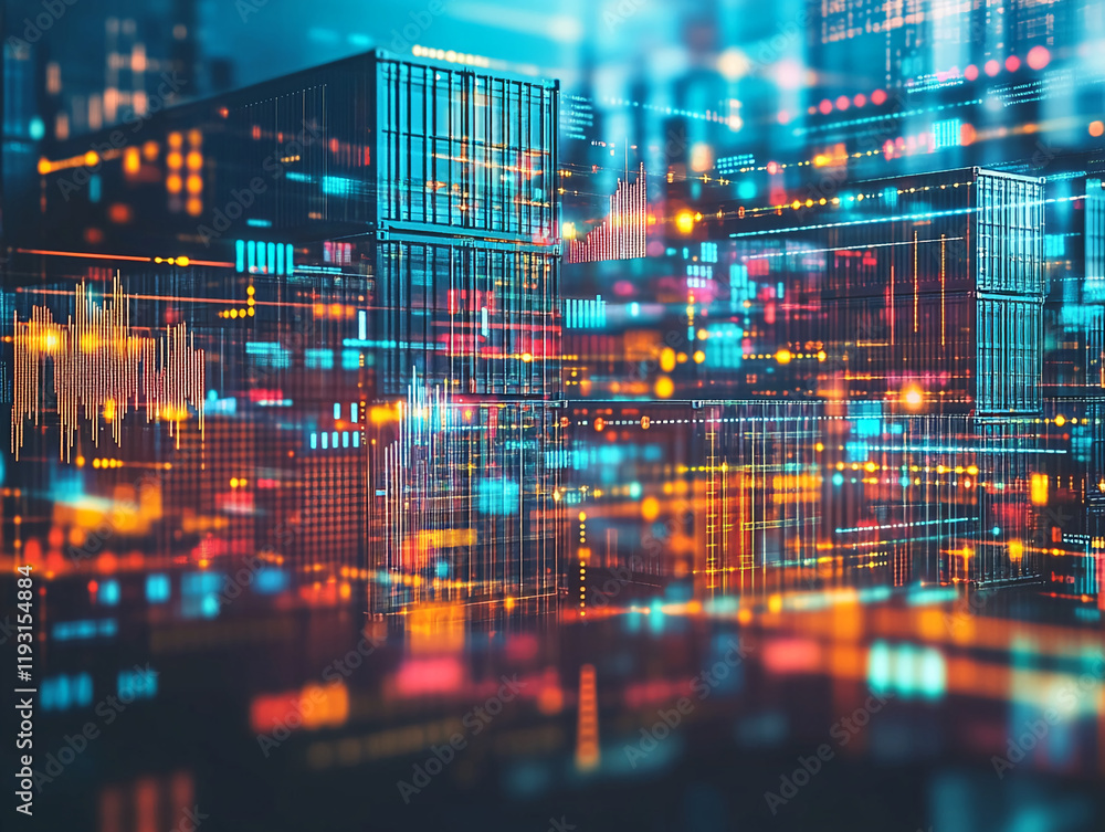 Poster Abstract digital data visualization with glowing light grids and analytics