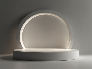 3D rendering round shape pedestal on simple background and white studio template with spotlight product shelf. Blank studio podium for advertising