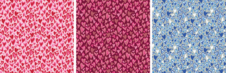Valentine's Day candy hearts, red pink blue wavy hearts vector seamless patterns.Digital conversation hearts background, wallpaper design, wrapping paper, fabric print,kids clothes print,card template