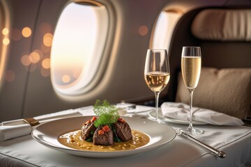 Luxury dining experience aboard a first-class flight during sunset