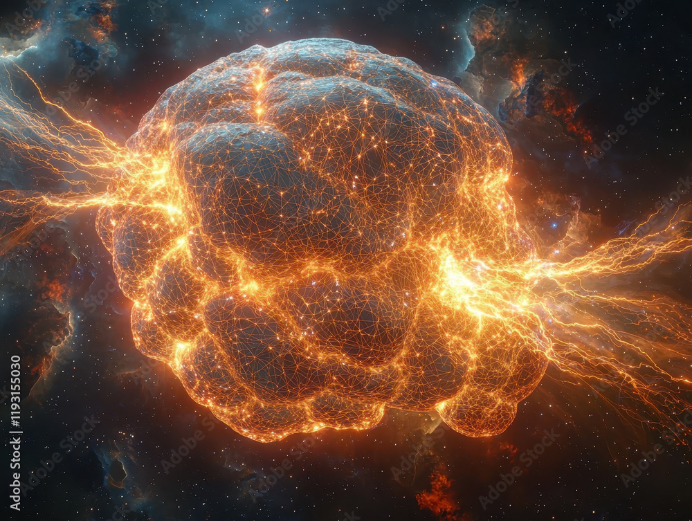 Poster immense glowing sphere of interconnected neural networks illuminating the cosmos with light tendrils