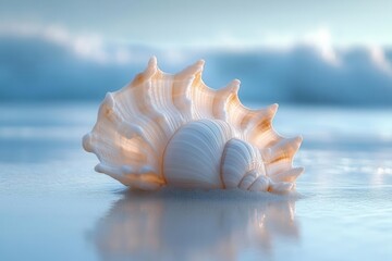 a delicate seashell resting on smooth beach sand, captured in soft focus with gentle waves in the background, evoking a serene summer atmosphere and the simple beauty of nature