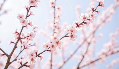 Delicate pink cherry blossoms in full bloom on slender branches against a soft blue sky, symbolizing the beauty of spring.