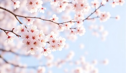Obraz premium Delicate cherry blossoms in full bloom on branches, set against a serene blue sky, symbolizing spring's arrival and natural beauty.