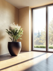 Fototapeta premium Indoor plant arrangement with sunlight illuminating a spacious modern room