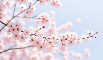 Obraz premium A delicate branch of pink cherry blossoms in full bloom against a clear blue sky, symbolizing springtime beauty and renewal.