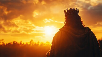 Back view of Jesus Christ with crown of throne looking and praying to god with a sunrise sky background. Good Friday and Easter day concept