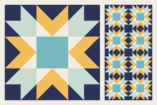 Geometric Star Pattern, Bold and Colorful Quilt Design with Repeating Motif, seamless vector pattern, abstract geometric background. Traditional barn star-shaped patchwork quilt block