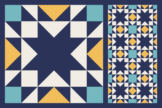 Geometric Star Pattern, Bold and Colorful Quilt Design with Repeating Motif, seamless vector pattern, abstract geometric background. Traditional barn star-shaped patchwork quilt block