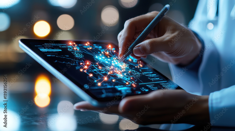 Poster close up of hand using stylus on digital tablet displaying big data analytics and network connections. vibrant interface showcases technology and innovation