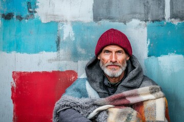 A homeless man sitting on the street clutching a thin blanket, his eyes filled with a mix of hope and despair