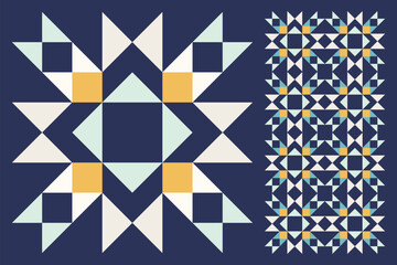 Geometric Star Pattern, Bold and Colorful Quilt Design with Repeating Motif, seamless vector pattern, abstract geometric background. Traditional barn star-shaped patchwork quilt block