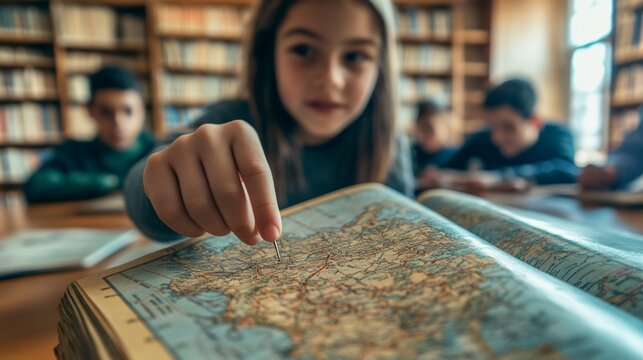 Girl points at map during class, studying geography with classmates in library.