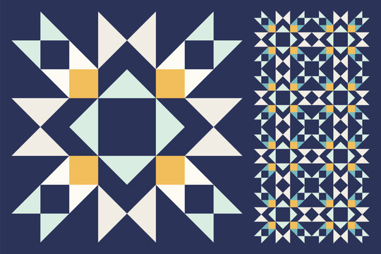 Fototapeta Geometric Star Pattern, Bold and Colorful Quilt Design with Repeating Motif, seamless vector pattern, abstract geometric background. Traditional barn star-shaped patchwork quilt block