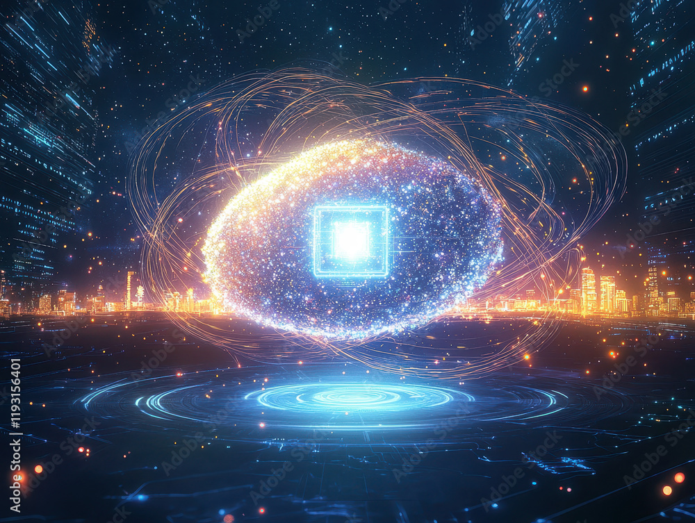 Poster visualization of the singularity event with a radiant ai core surrounded by vibrant galaxies and ill
