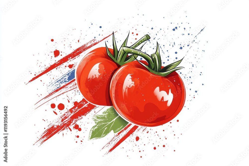 Poster a simple design of a tomato with its vine, drawn in clean lines and soft red and green hues on a min