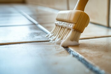 Close-up view of cleaning grimy tile grout lines with a brush