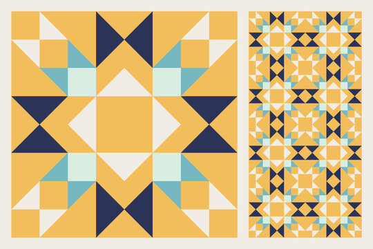 Fototapeta Geometric Star Pattern, Bold and Colorful Quilt Design with Repeating Motif, seamless vector pattern, abstract geometric background. Traditional barn star-shaped patchwork quilt block