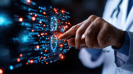 close up of hand interacting with digital interface displaying big data and analytics, showcasing advanced technology in healthcare