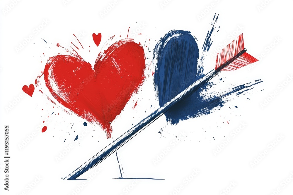 Poster a simple graphic of a heart pierced by an arrow, with clean lines and vibrant red tones on a white b