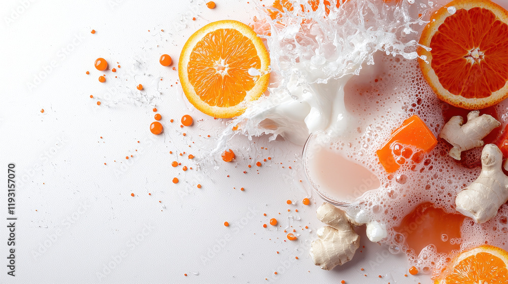 Poster vibrant close up of fresh juice blend with orange slices, splashes, and playful elements, creating r