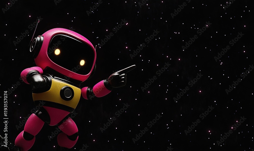 Aufkleber pink robot pointing in space with stars, ideal for tech or sci-fi projects