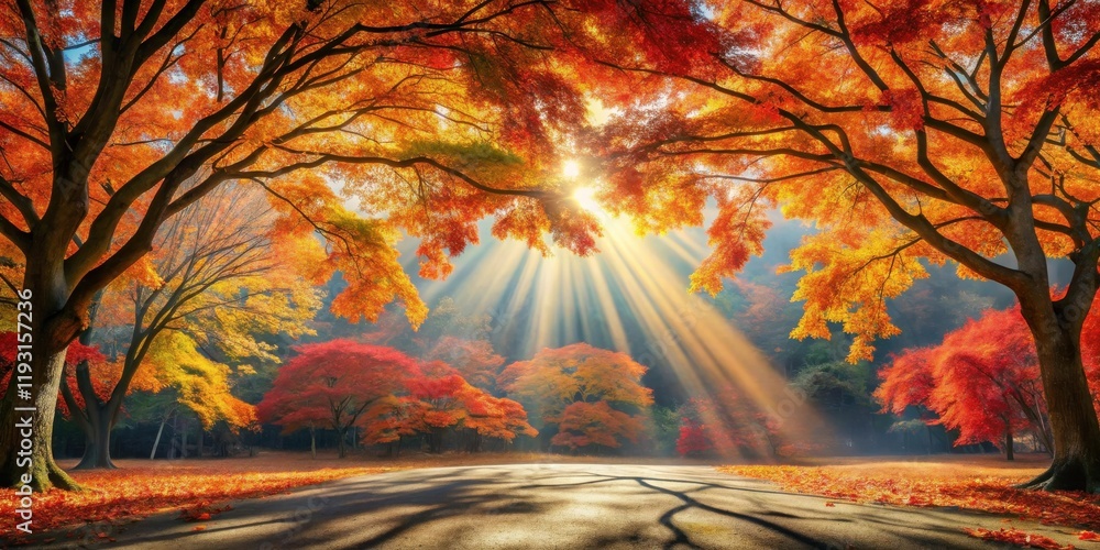 Poster Autumnal Sunbeams Illuminate a Scenic Path Through a Colorful Forest