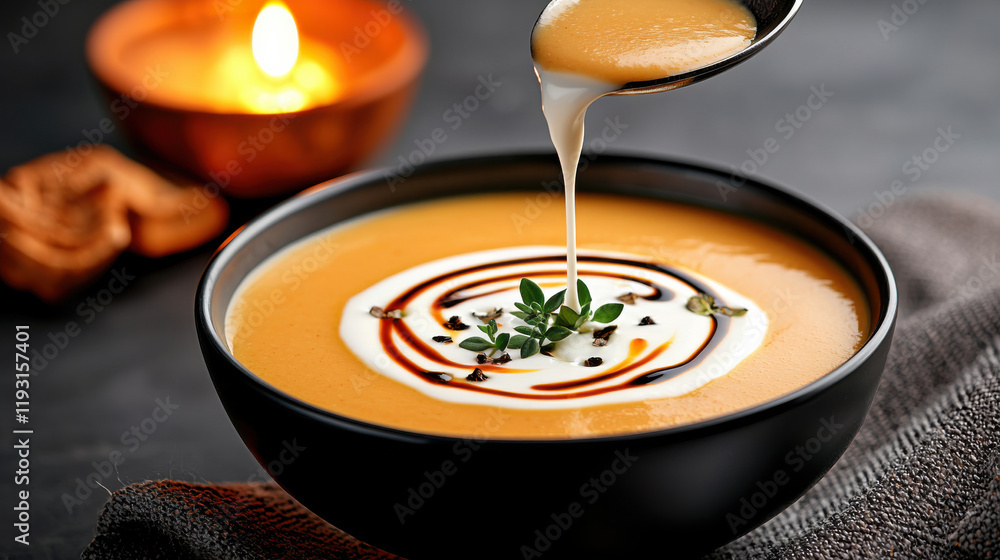 Poster close up of gourmet soup with fresh herbs and drizzle of cream, creating warm and inviting atmospher
