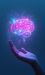 Fototapeta premium A glowing pink and blue brain floating above an open hand with twinkling lights around it