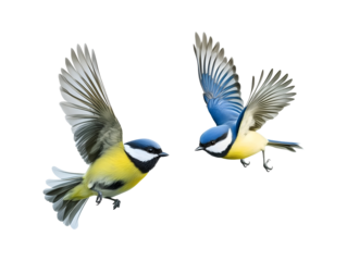 Collection set of flying blue and yellow birds isolated on transparent or white background, png