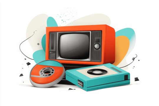 recommend clip art: A simple line art illustration of a retro television and VHS tape, with clean lines and muted pastel tones on a white background