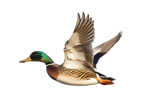 Flying mallard duck isolated on transparent or white background, png