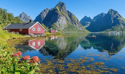 Obraz premium Red cabin reflected in calm fjord, majestic mountains, serene morning