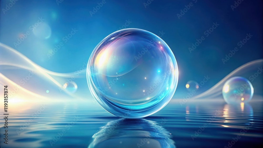 Aufkleber serene glass orb reflecting on a calm, blue water surface with subtle light effects and floating bub