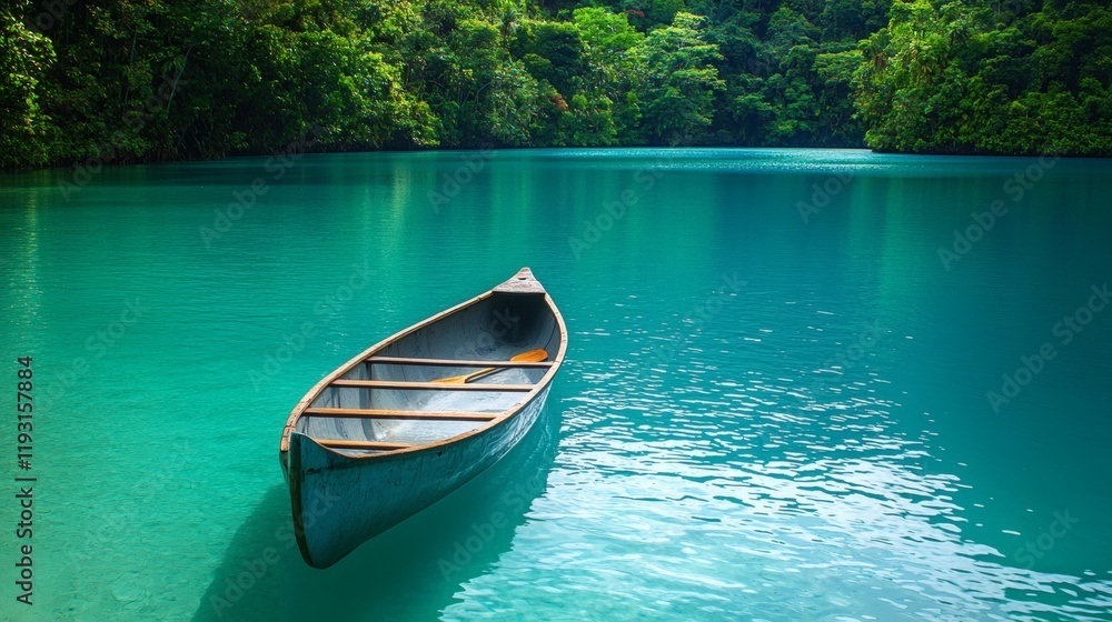 Poster canoe floating on a tranquil lagoon surrounded by lush tropical forest tropical stock photo with sid
