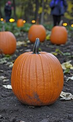 Ripe pumpkins in a field at dusk, ready for harvest, autumnal scene