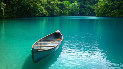 Obraz premium Canoe floating on a tranquil lagoon surrounded by lush tropical forest Tropical Stock Photo with side copy space