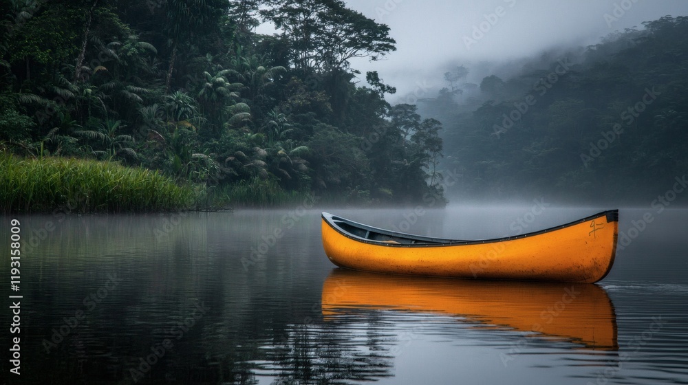 Poster canoe floating on a tranquil lagoon surrounded by lush tropical forest tropical stock photo with sid