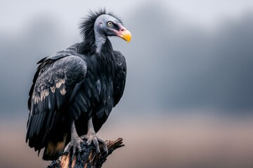 Obraz premium A lone vulture perched on a dead tree branch in the middle of a desolate wasteland, with storm clouds rolling in