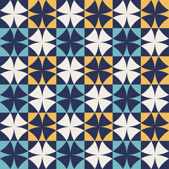 Geometric pattern with blue and yellow accents, seamless repeating patterns, vector art style, simple shapes, flat color blocks, retro design