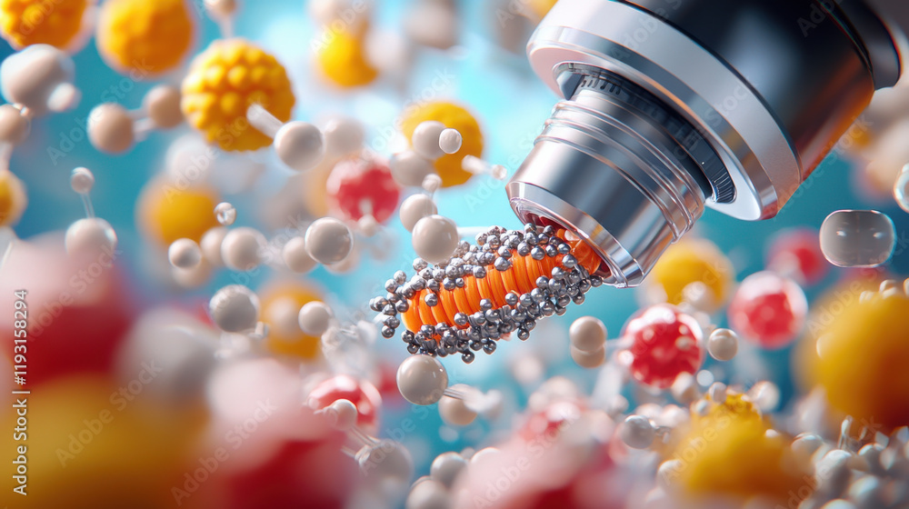 Aufkleber close up of microscope revealing nanotechnology device surrounded by colorful particles, showcasing 