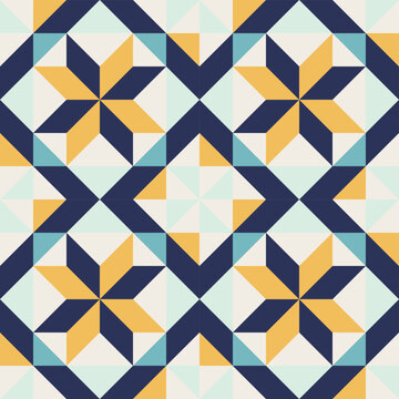 Fototapeta Geometric pattern with blue and yellow accents, seamless repeating patterns, vector art style, simple shapes, flat color blocks, retro design