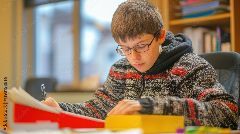 Poster an autistic adult working on a focused task in a structured office setting.